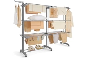 SONGMICS Clothes Drying Rack 4-Tier, Foldable Laundry Drying Rack 69.9-Inch Tall, Extendable Rods, Stainless Steel, Rolling Clothes Horses, Clothes Airer, Indoor Outdoor Use, Dove Gray ULLR704G01