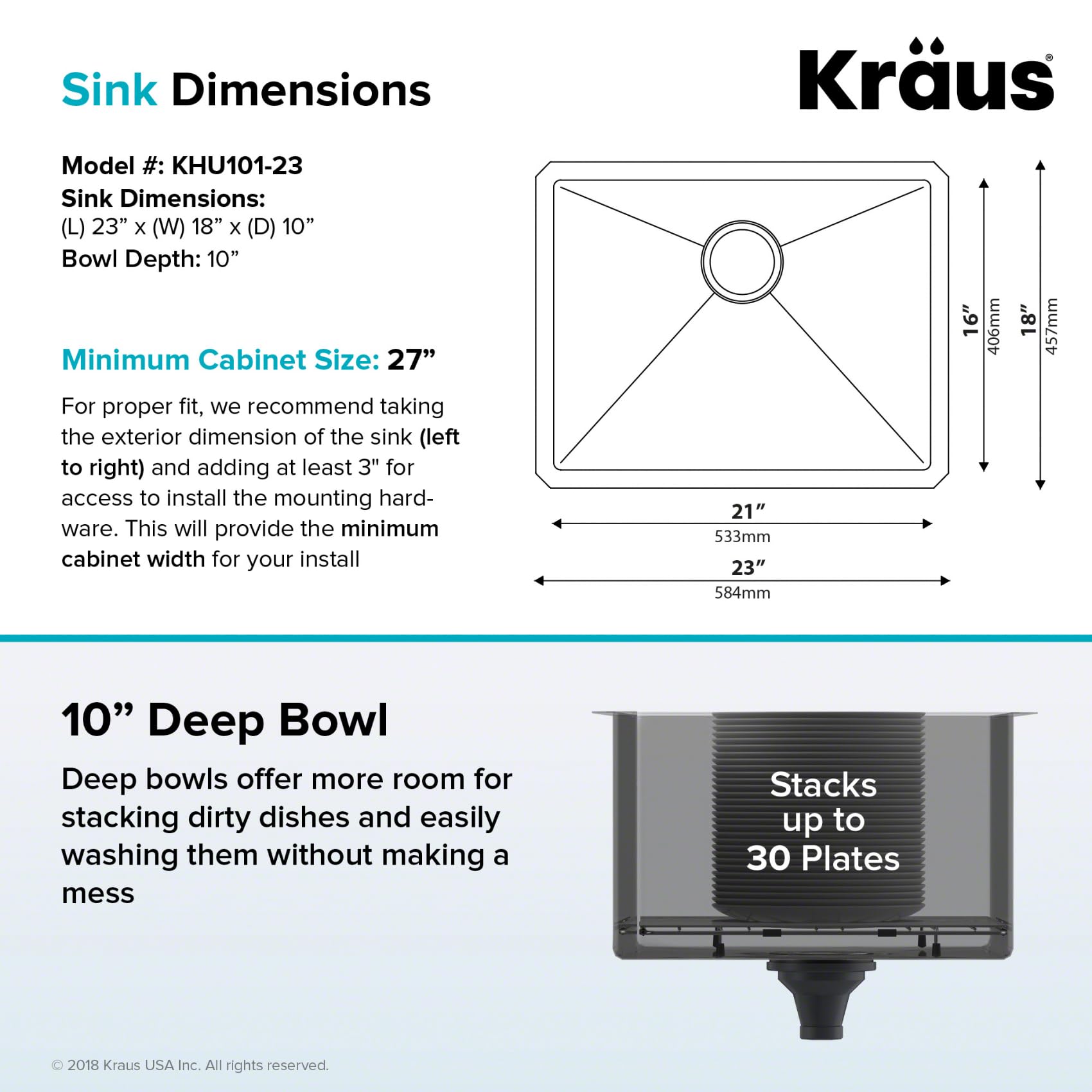 Kraus Standard PRO 23-Inch 16 Gauge Undermount Single Bowl Stainless Steel Kitchen Sink, KHU101-23