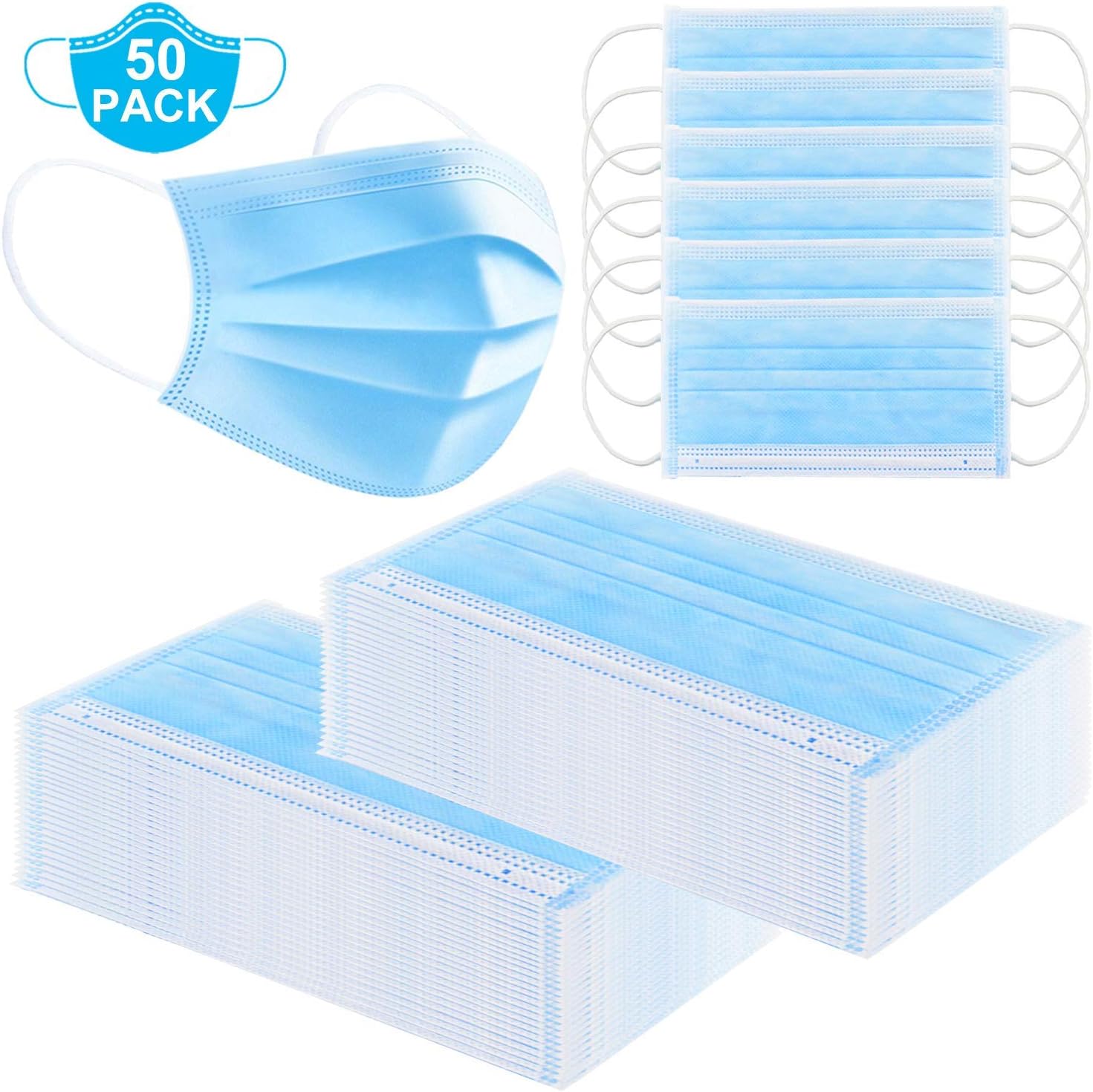 50 PCS Disposable 3-Ply Safety Mask Medical Surgical Mask Face Mask Viral Mask Dental Earloop Polypropylene Masks for Personal Health…