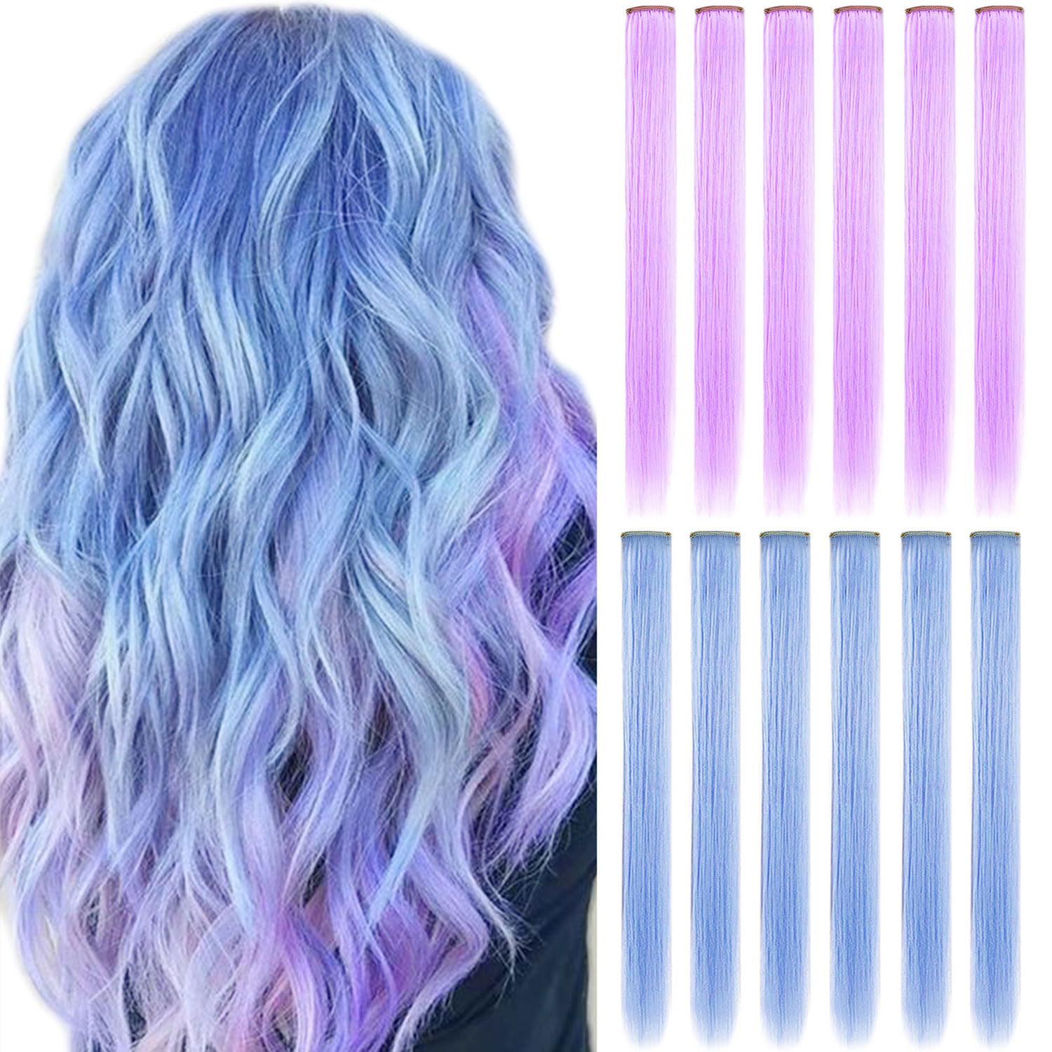 MOSCSMDY Light Blue Light Purple Hair Clip in Colored Hair Extensions Party Highlights Heat Resistant Synthetic Mutilcolors Straight Wig Pieces
