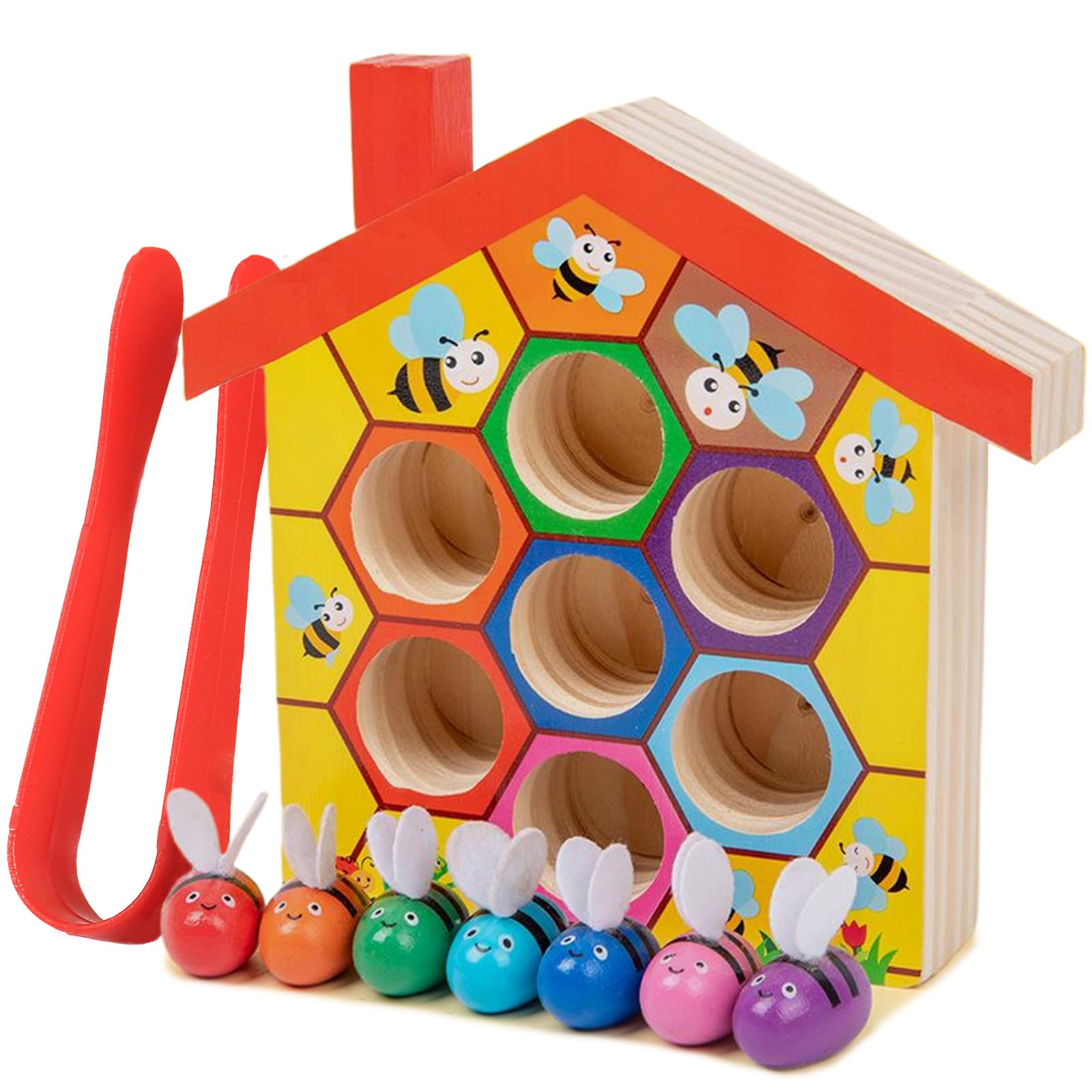 YUNCHY Montessori Toys for 3 Year Old, Toddler Fine Motor Skill Toy, Bee to Hive Matching Game, Color Sorting Matching Toy, Preschool Educational Learning Gift