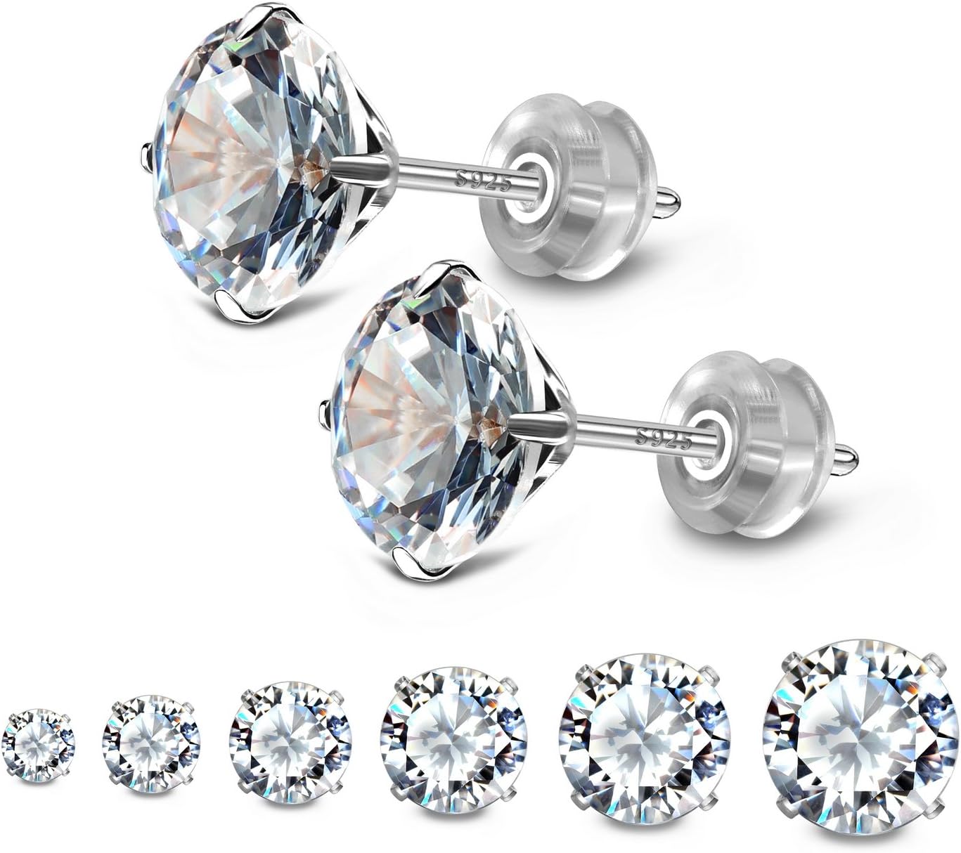 JADENOVA 925 Sterling Silver CZ Studs for Girls Women Men (6 Pairs, 3-8mm)