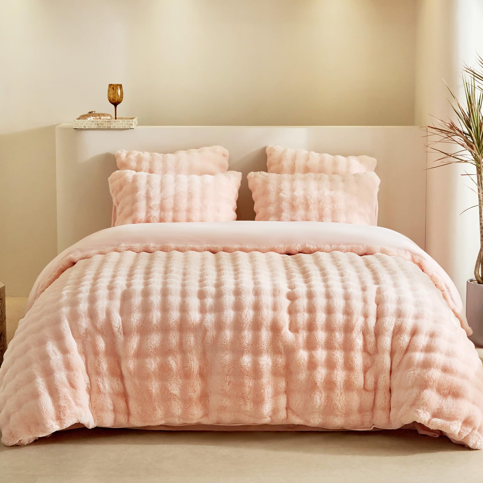 Lekesky Fluffy King Size Duvet Cover Sets Fleece Bedding - Soft Warm Teddy Fleece Duvet Set King Size (1x Fluffy Duvet Cover, 2x Pillowcases) Pink Fluffy Bedding Sets