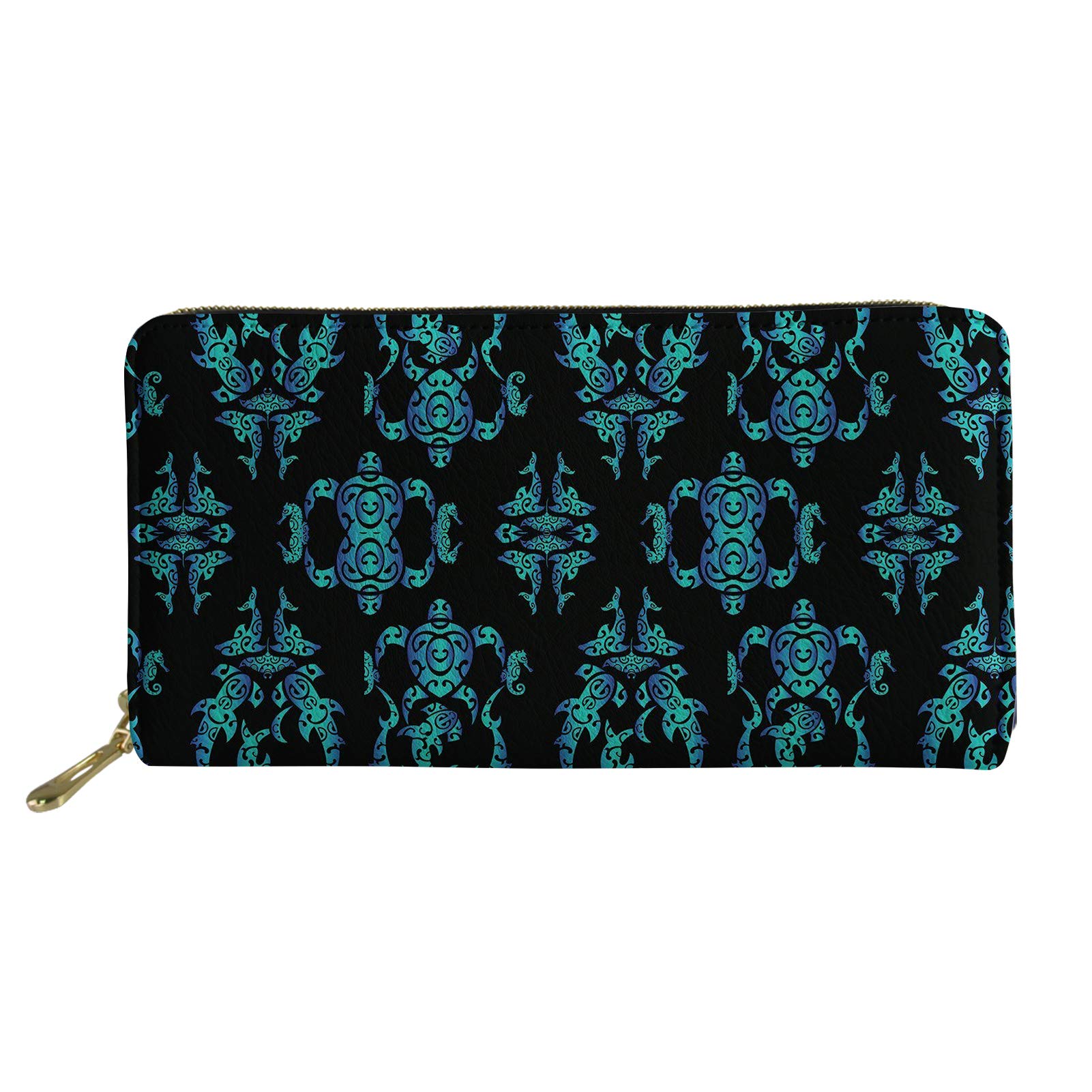 COEQINE Long Wallet for Women Girls Sea Turtle Polynesian Tribal Hawaiian Print Purse Leather Zipper Clutch Purse Coin Card Holder