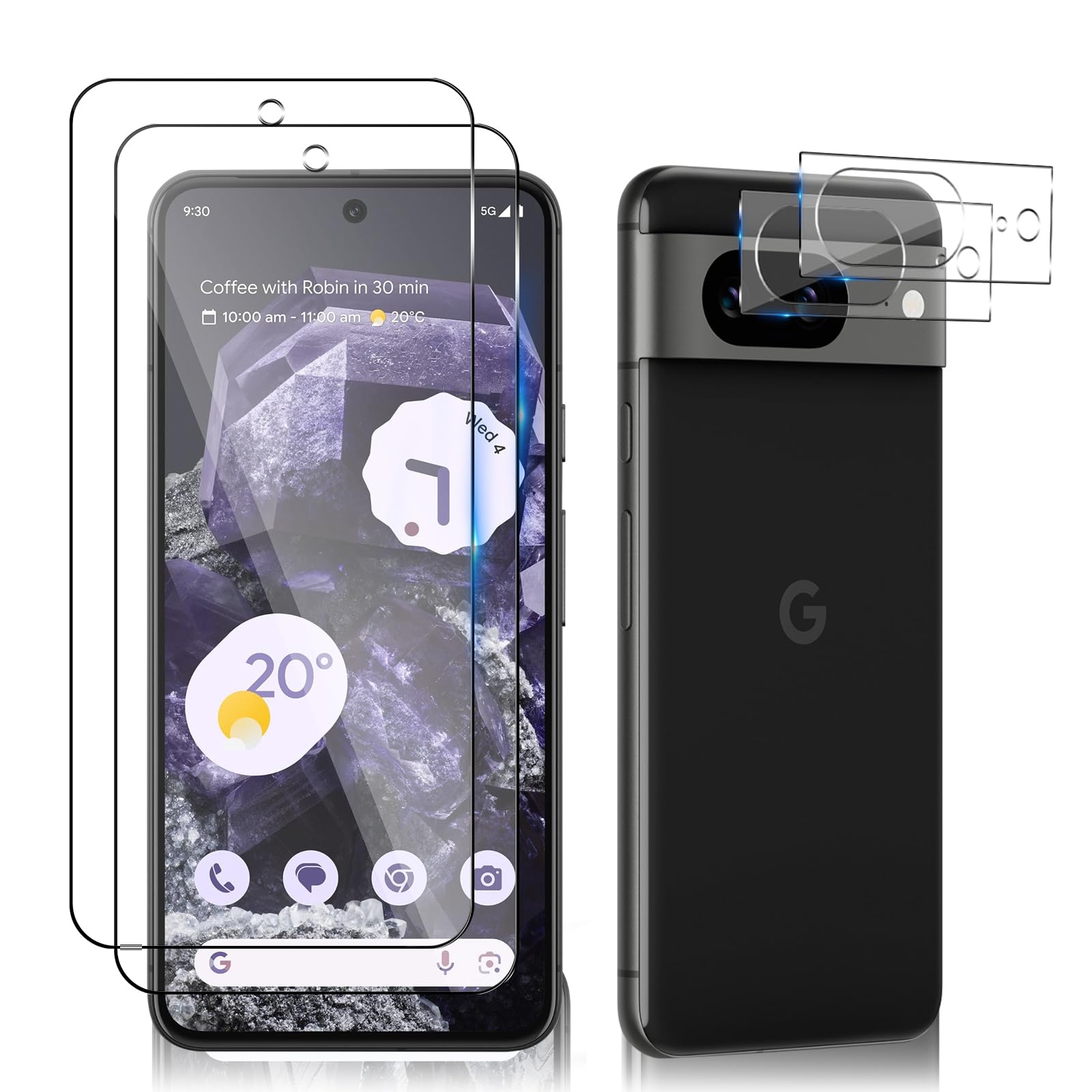 HeeYeal [2 + 2 Pack Tempered Glass for Google Pixel 8 5G, Screen Protector + Camera Lens Protector, [9H Hardness] [Anti-Scratch] [HD] Tempered Glass Camera Film for Google Pixel 8 5G