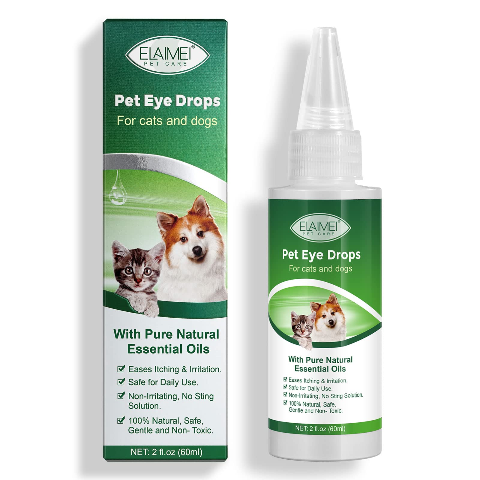 Uocasi Pet Eye Drops, Dog Eye Cleaner, Tear Stain Remover For Dogs & Cats Eyes Eases Itching & Irritation, Care And Cleaning Around The Eyes - 60ML