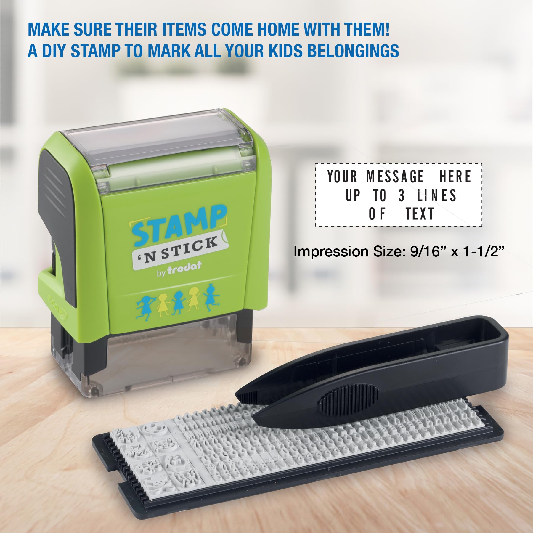 Trodat Stamp 'N Stick Clothes and Personal Belongings DIY Stamper, English Text with Special Characters – 3 Lines – Dermatologically Tested Ink, Dishwasher and Washing Machine Safe Ink