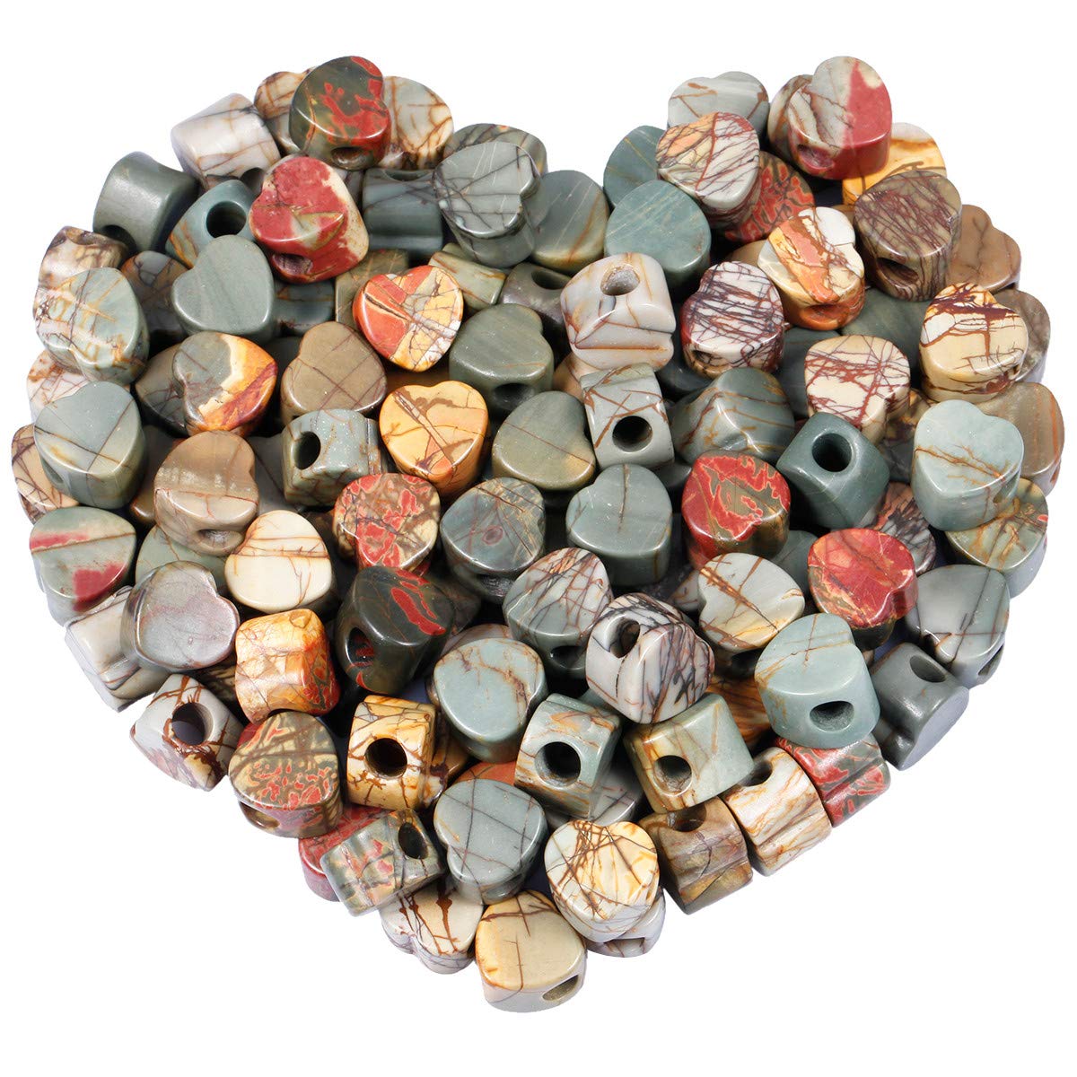 KYEYGWO Picasso Jasper Large Hole Polished Gemstone Beads for Bracelets, Heart Shape Loose Charms European Bead for Jewelry Making, Pack of 20