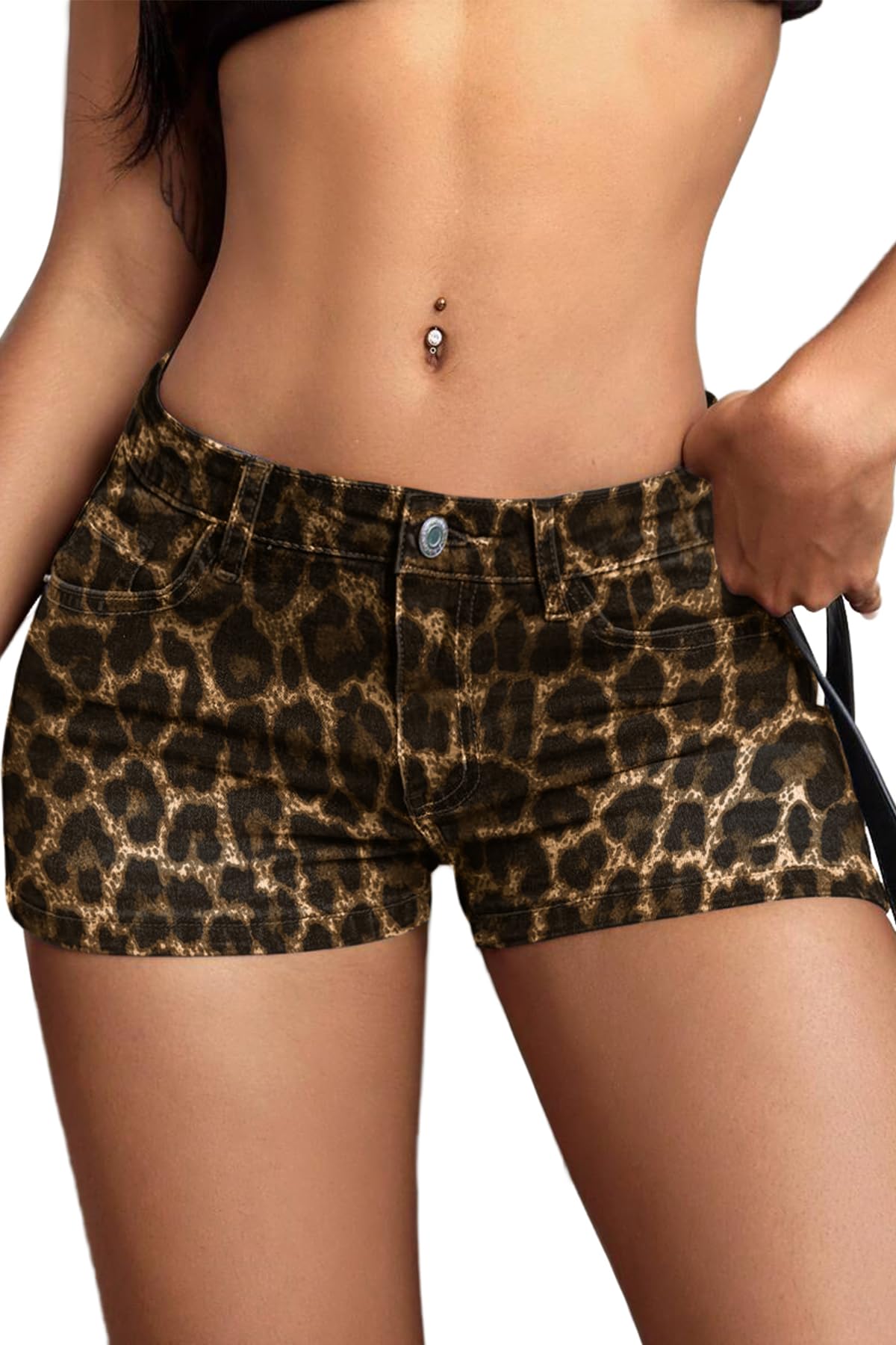 Photo 1 of ELLEVEN Low Rise Jean Shorts for Women Sexy Y2k Mini Denim Shorts Summer High Stretchy Micro Shorts Leopard Print Medium