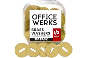 OFFICE WERKS Officewerks Brass Washers for Paper Fasteners, 1/2 Inch Slotted Brass Gold-Plated Round Metal Brads for Scrapbooking, Crafts, Making DIY, and More (Gold Washers - 100 Pack)