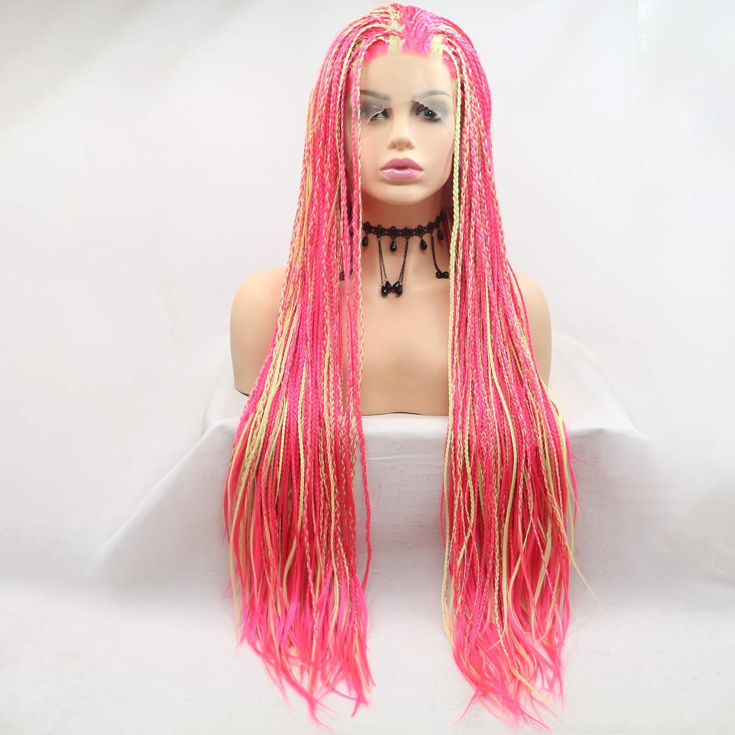 Micro Braided Lace Front Wigs for Women Women's Red Braided Hair Wigs Pink Red Blonde Long Synthetic Wig Handmade Braided Wig Gluelwss Synthetic Heat Resistant Fiber Hair Cosplay Party 28inches - Image 3