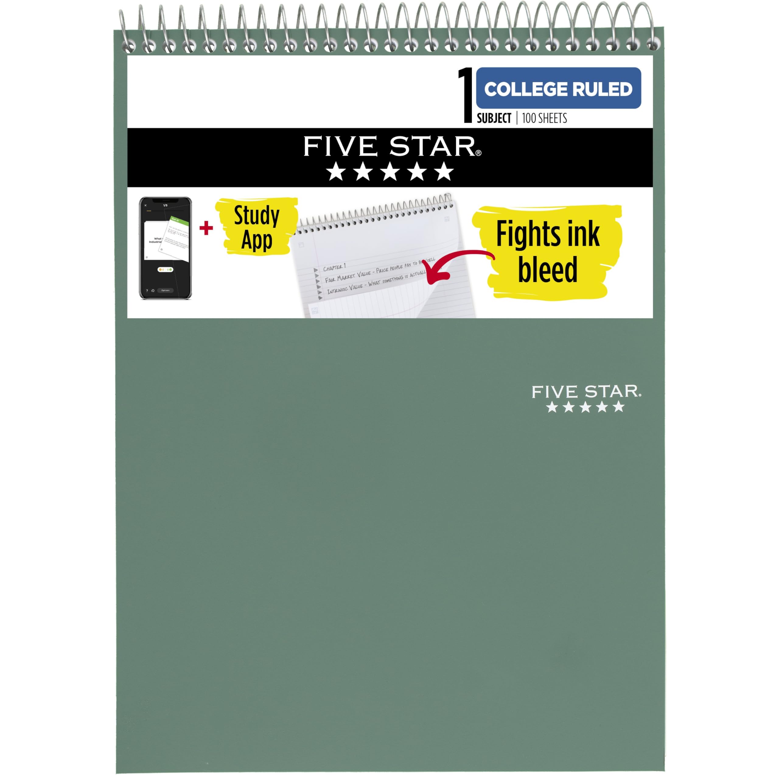 Photo 1 of Five Star Top Spiral Notebook + Study App, 1 Subject, College Ruled Notepad, 8-1/2" x 11", 100 Sheets, Fights Ink Bleed, Water Resistant Cover, Seaglass Green (820058C-ECM)