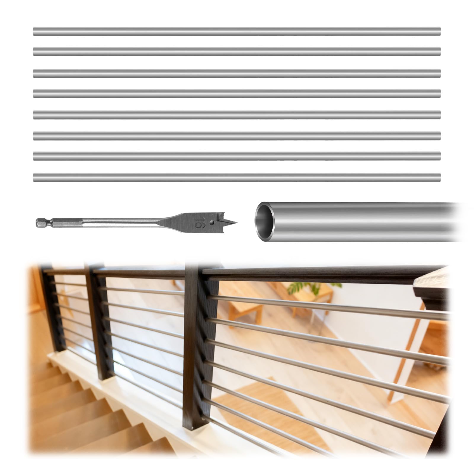 Photo 1 of Patavin 8 Foot x 5/8-inch Round Horizontal Bar Baluster for Stair Remodel- 304 Stainless Steel Hollow Staircase Metal Spindles for Indoor Staircase- 10 Pack