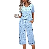 Ekouaer Womens Pajama Sets Soft Cotton Pj Short Sleeve Top with Capri Pants Sleepwear 2 Piece Print Loungewear,S-XXL