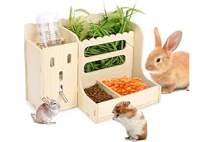 EAROND Guinea Pig Feeder, Guinea Pig Hay Feeders with Water Bottles, Hay Holders and Food Dividers, Wooden Hamster Hay Feeder for Bunny, Guinea Pig, Chinchilla