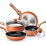 KUTIME 6pcs Cookware Set Pot and Pan Set Non-stick Frying Pans Set Ceramic Coating Soup Pot, Milk Pot, Copper Aluminum Pan wi