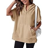 Fisoew Womens Oversized Half Zip Hoodies Short Sleeve Casual Sweatshirts Pullover Tops with Pockets