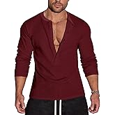 Agilelin Men's Waffle Henley 5 Buttons Stylish Long&Short Sleeve T-Shirt Casual Slim Fit Tee