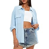 Darong Women's Button Down Long Sleeve Shirts Cotton Blend Casual Oversized Boyfriend Loose Fit Blouse Top