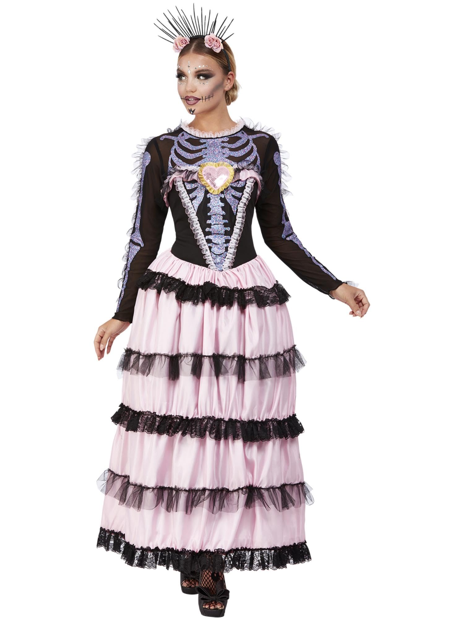 Smiffys Deluxe Day of the Dead Senorita Costume, Pink Dress & Headband, Mexican Day of The Dead/Sugar Fancy Dress, Day of The Dead Lady Dress Up Costumes