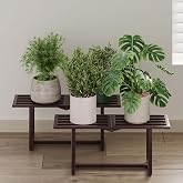 Rioneta 2 Pack Plant Stand, Foldable Metal Shelf, Indoor Outdoor, Coffee | Foldable Plant Stand,Heavy Duty,Waterproof,Capacity 330 lbs,Mid Century Slatted Bench