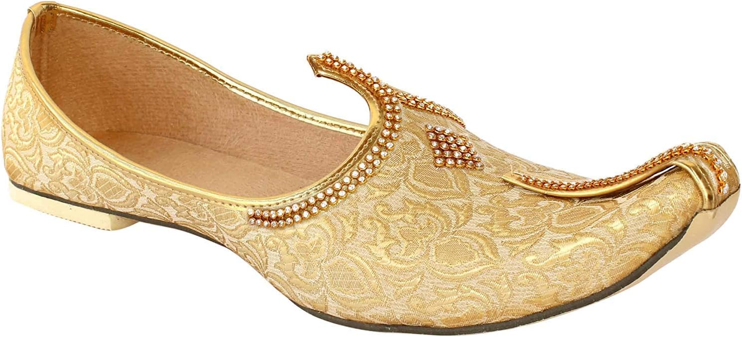 Krafto Men's Floral Gold Silk Sherwani Jutti