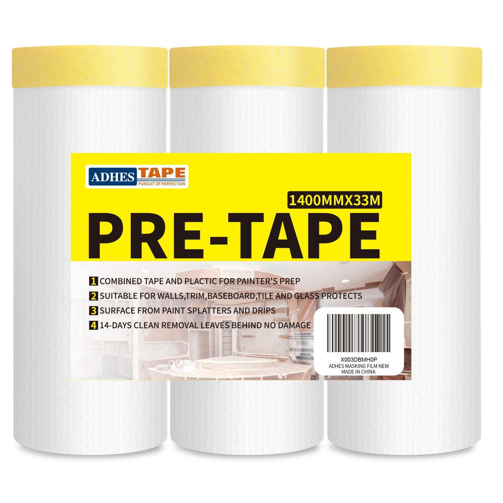 ADHES Plastic Dust Sheet for Decorating, Yellow Self-Adhesive Tape, Pre-Taped Masking Film for Automotive Painting Covering for Painting Furniture Floor Covering 1400mm x33m (55inch x 36yard), 3-Roll