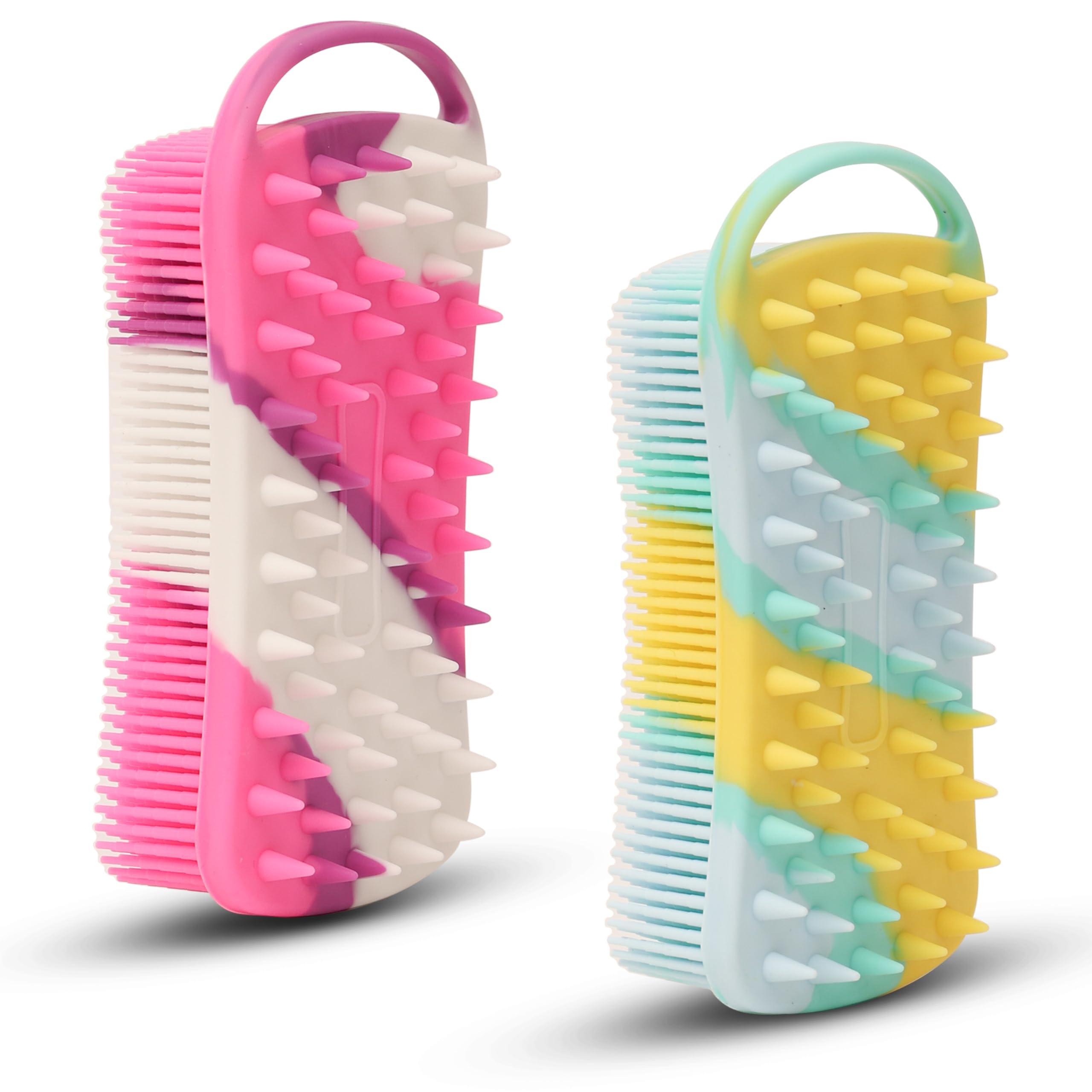 Photo 1 of 2 PC Silicone Body Scrubber, 2 in 1 Exfoliating Shower Bath Scrubber, Soft Silicone Loofah for Sensitive Skin, Shower Hair Scalp Massager, Easy to Clean, Lather Well (Purple & Yellow)