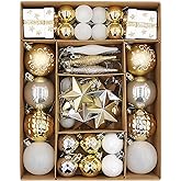 Christmas Assorted Ornaments Set, 58 ct Gold-Silver-White Stars Theme Xmas Tree Ball Ornament, Shatterproof Decorative Hanging Ornaments for Holidays Party Decoration Tree Ornament and Events