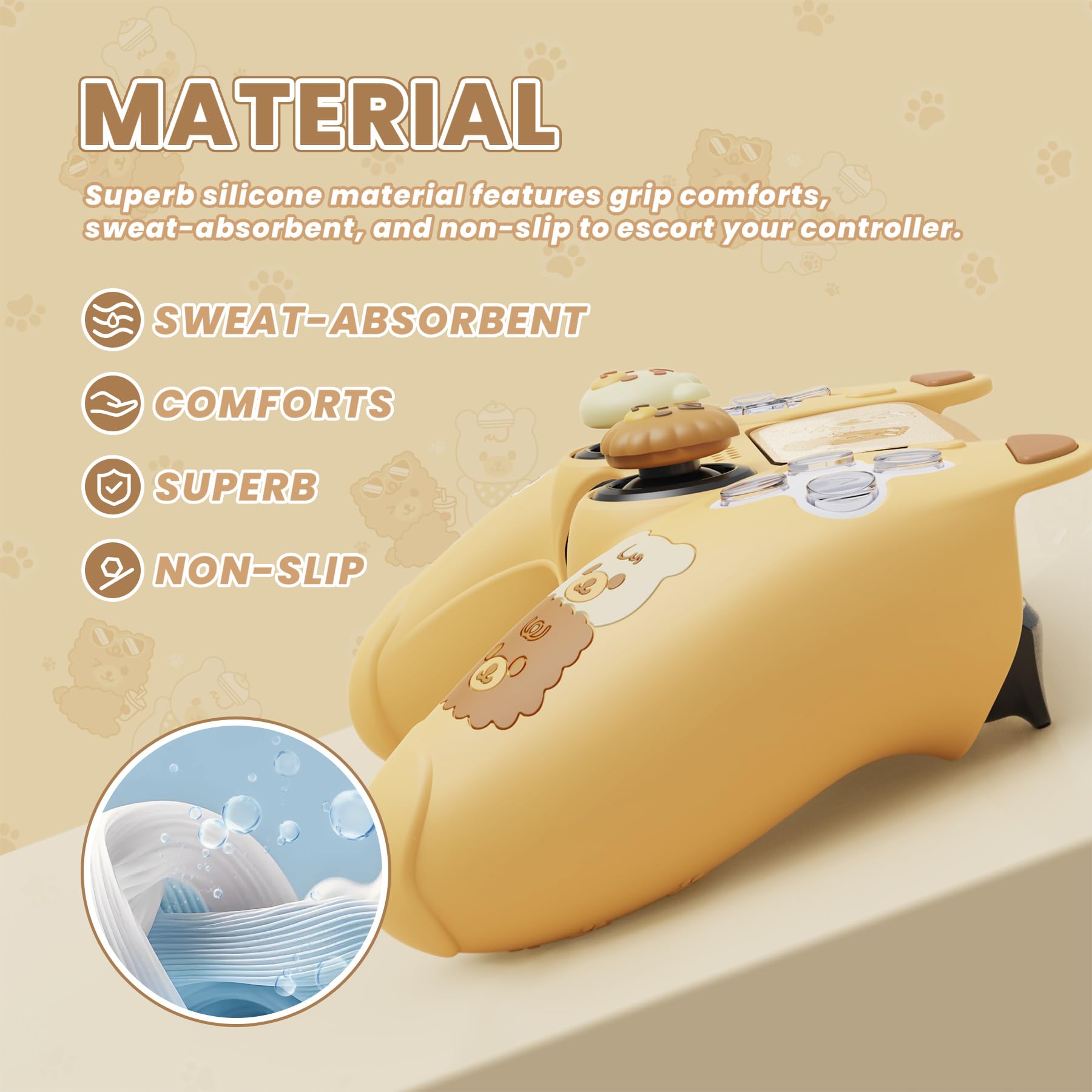 PlayVital Cute Bear Controller Silicone Case for ps5, Kawaii Controller Cover Compatible with Charging Station, Gamepad Skin Protector for ps5 with Touch Pad Sticker & Thumb Grips - Yellow & Brown