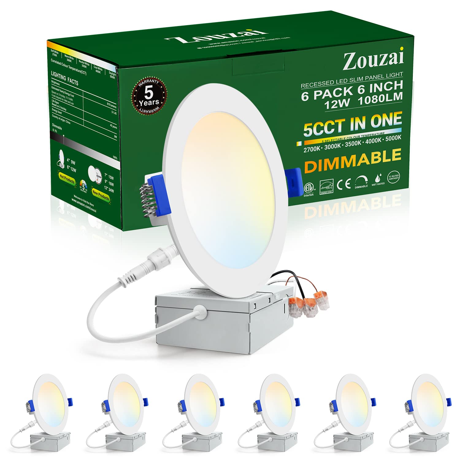 Photo 1 of zouzai 6 Pack 6 Inch 5CCT Ultra-Thin LED Recessed Ceiling Light with Junction Box, 2700K/3000K/3500K/4000K/5000K Selectable, 12W Eqv 110W,Dimmable, led can Lights- ETL and Energy Star Certified
