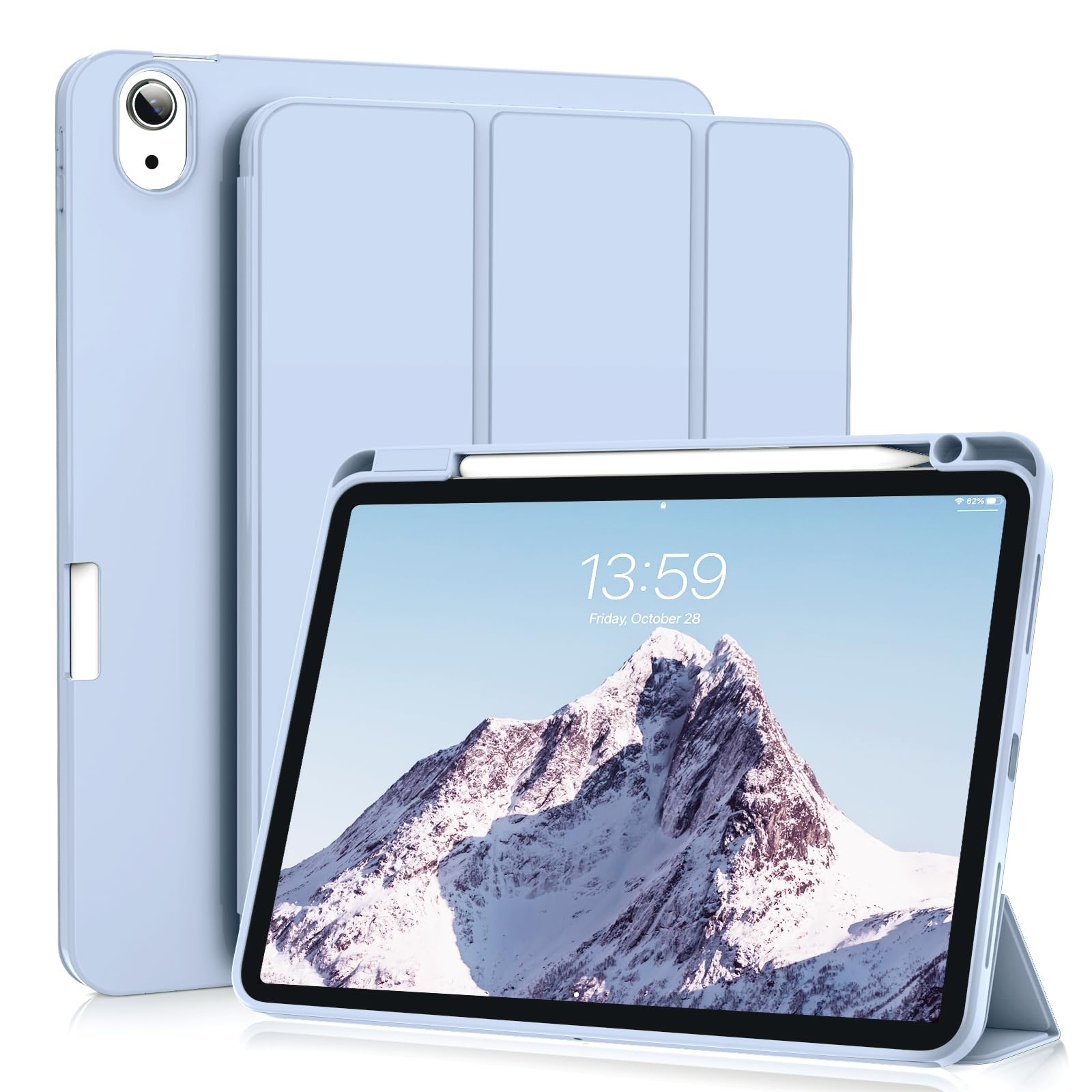 ZOYU Case for iPad Air 11 Inch M3 (2025) / M2 (2024), iPad Air 5th/4th Generation 10.9 Inch (2022/2020) with Pencil Holder, Slim Trifold Stand Cover with Soft TPU Back, Auto Sleep/Wake, Sky Blue