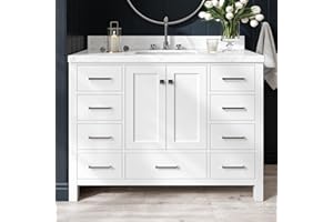 ARIEL Cambridge 48" White Bathroom Vanity, 1.5" Edge Carrara White Quartz Countertop & Splash, Rectangular Sink, 2 Soft Closing Doors, 9 Full Extension Dovetail Drawers, Brushed Nickel