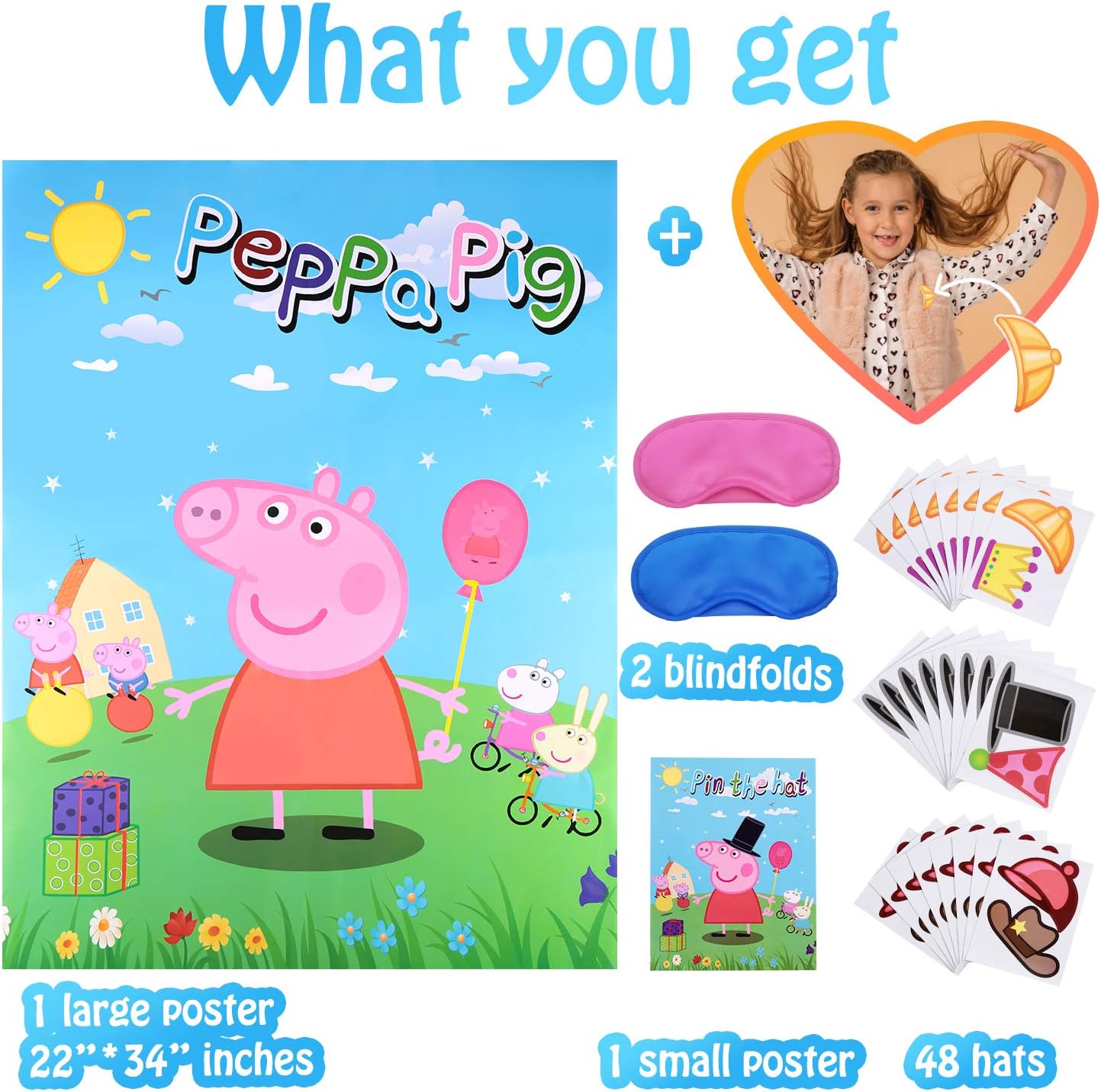 Pin The Hat On Pig Game for Peppa Birthday Party Supplies | Party Decorations (48 Hats): Toys & Games