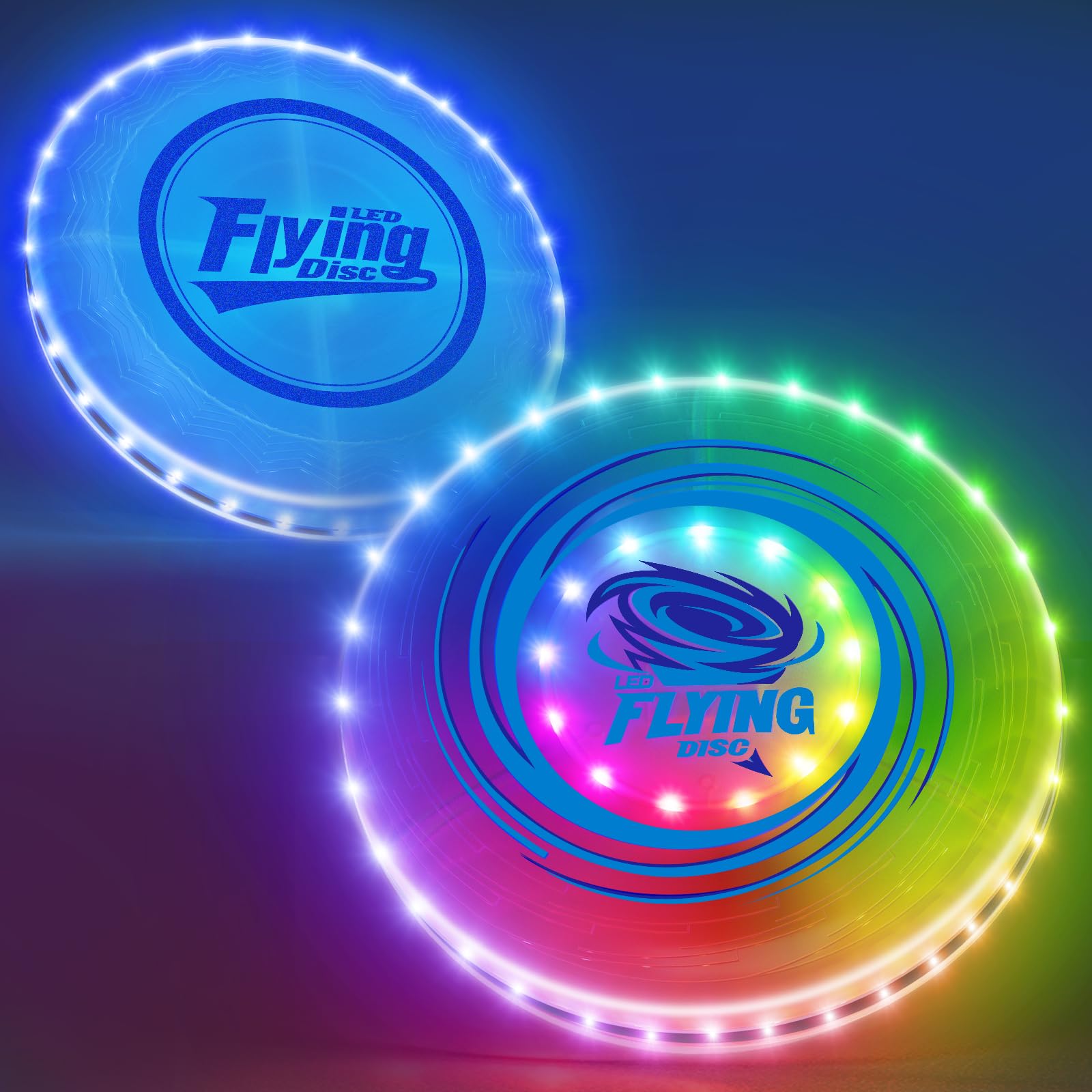 HYES 2 Pack Light up Flying Discs for Kids, Rechargeable Disc with 45 LEDs, 14 Lighting Modes(10")&Built-in Battery Disc(7.8"), Glow in The Dark Ring for Beach/Camping/Outdoor Sport