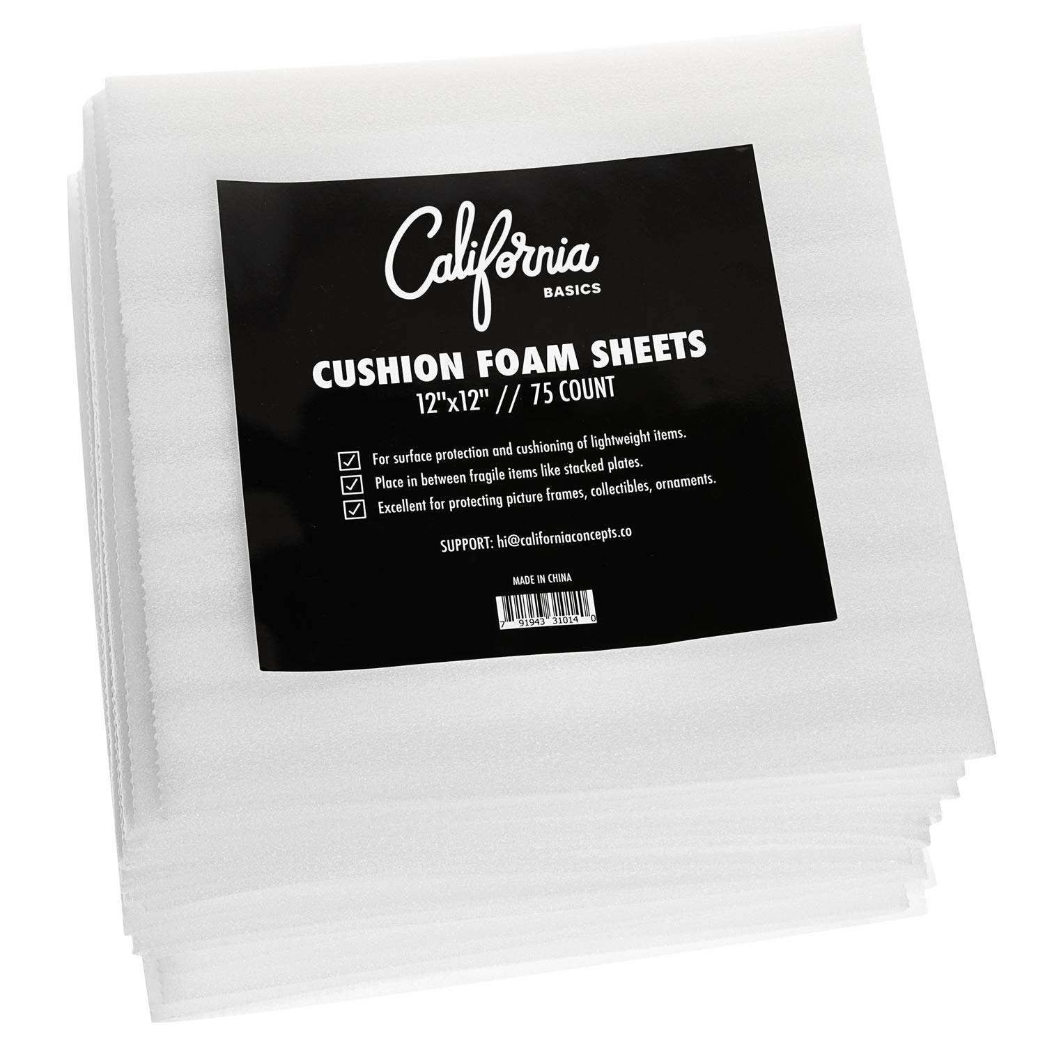 75 Count - 12" x 12" Cushion Foam Sheets, Packing Supplies for Moving, Safely Wrap Dishes, Glasses & Furniture Legs by California Basics