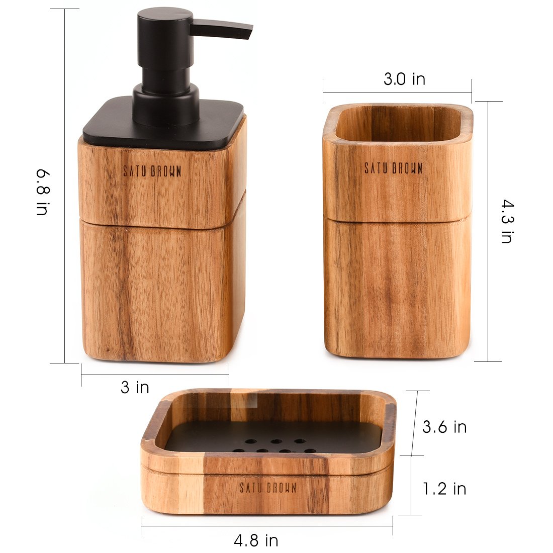 Brown Bathroom Accessory Set Acacia Wood 3 Pieces Includes Bathroom