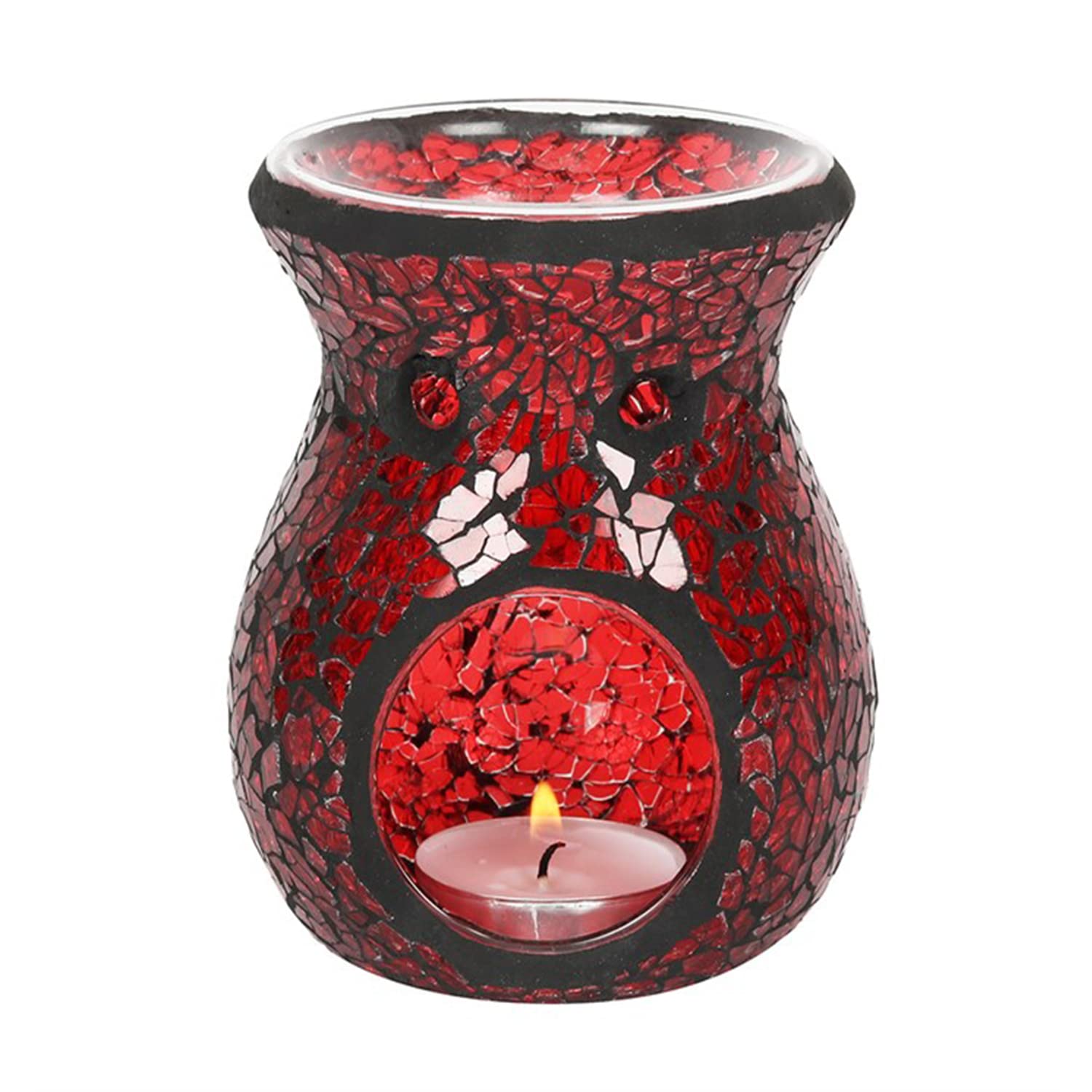 Red Crackle Glass Oil Burner- Small, Lustre Mosaic Wax Melt Burner Single Tea Light Candle Holder Aroma Gift Lamp, for Women Men