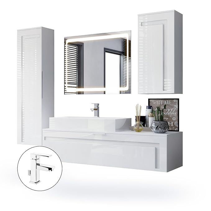 Vladon Badmöbel Komplettset Aloha, Korpus in Weiß Matt/Fronten in Weiß Hochglanz mit Absetzungen in Weiß Hochglanz, mit Aufsa