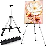 Art Easel Stand for Painting or Sign, Portable Adjustable 66 inches Display Tripod Artist Floor Aluminum Metal Easel with 1 Bag for Table-top/Floor Drawing, Sturdy for Canvases Displaying - Silver