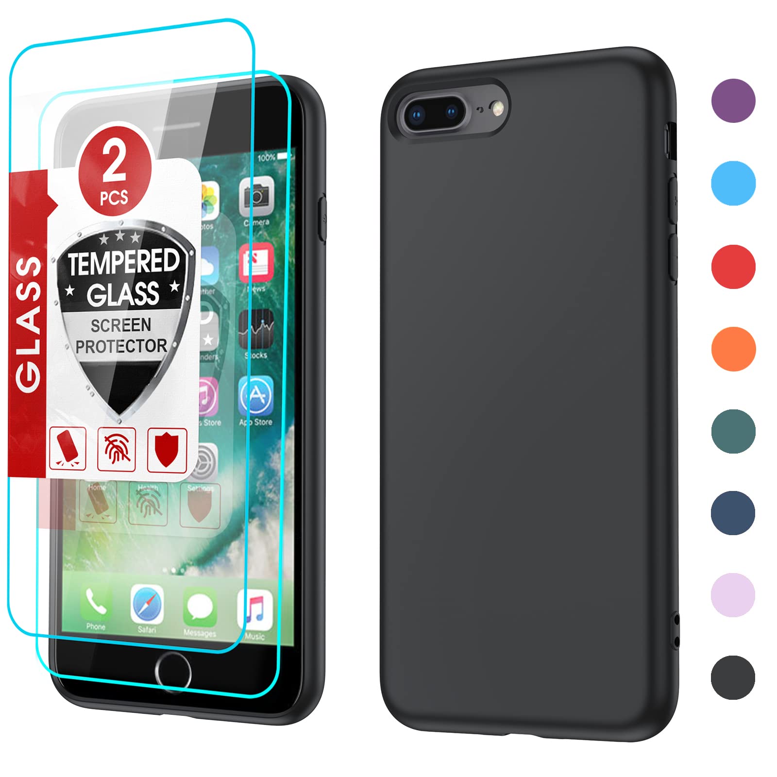 LeYi for iPhone 8 Plus Case: iPhone 7 Plus Case with 2 Pack Tempered Glass Screen Protectors, Shockproof Full-Body Liquid Silicone with Soft Anti-Scratch Microfiber Liner Black