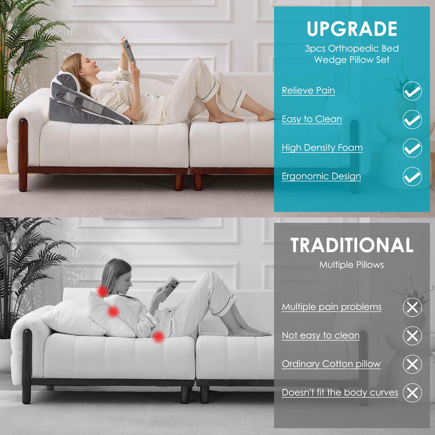 WGAKCED 3Pcs Wedge Pillow Set for After Surgery,Acid Reflux Relief, Adjustable Bed Wedge Pillows for Sleeping,Anti Snore, Memory Foam Triangle Pillow for Back&Neck&Shoulder Pain Relief, White&Grey