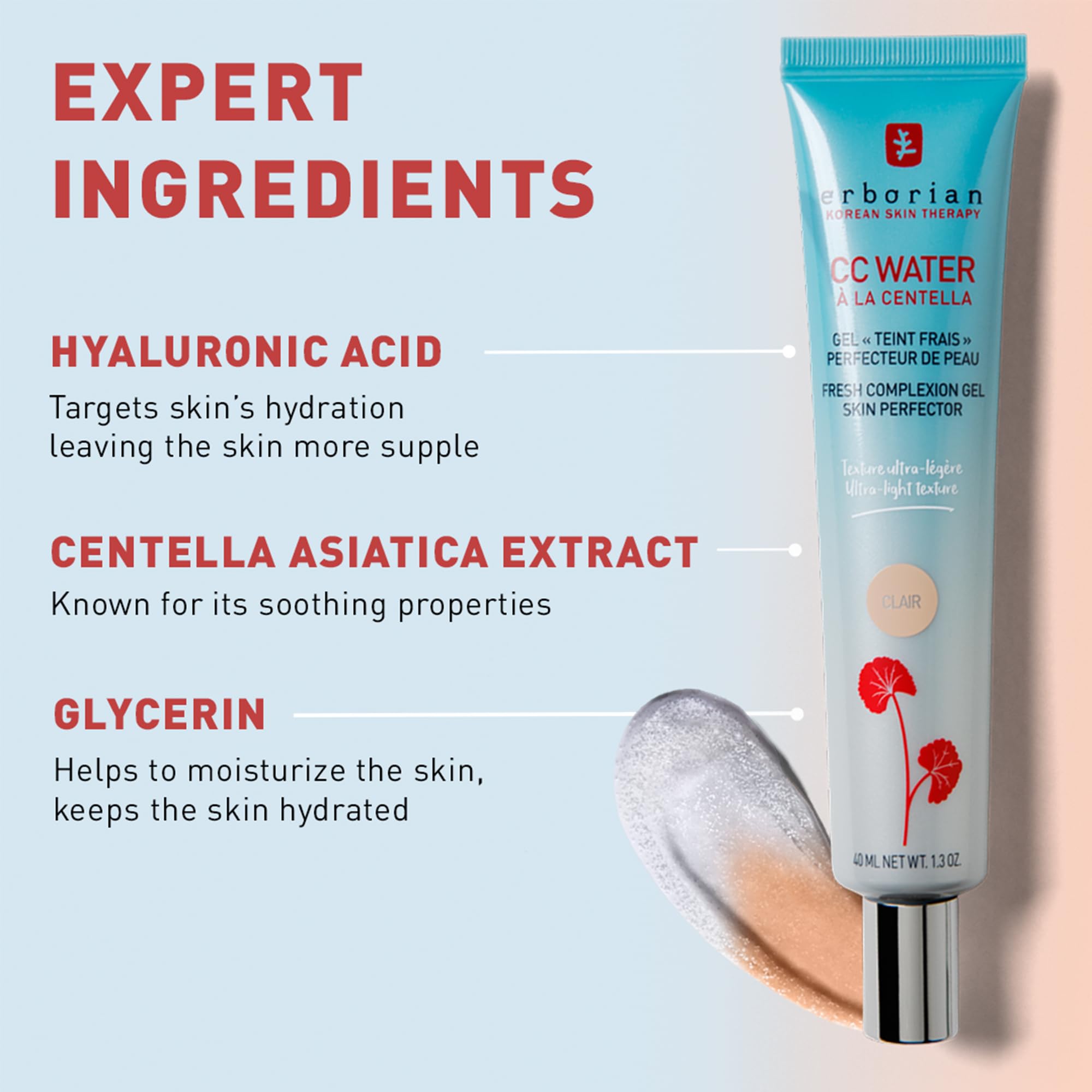 Erborian CC Water with Hyaluronic Acid - Ultra-Light Aqua Gel Color Corrector with Centella Asiatica & Hyaluronic Acid - Plump, Softer & Hydrated Skin
