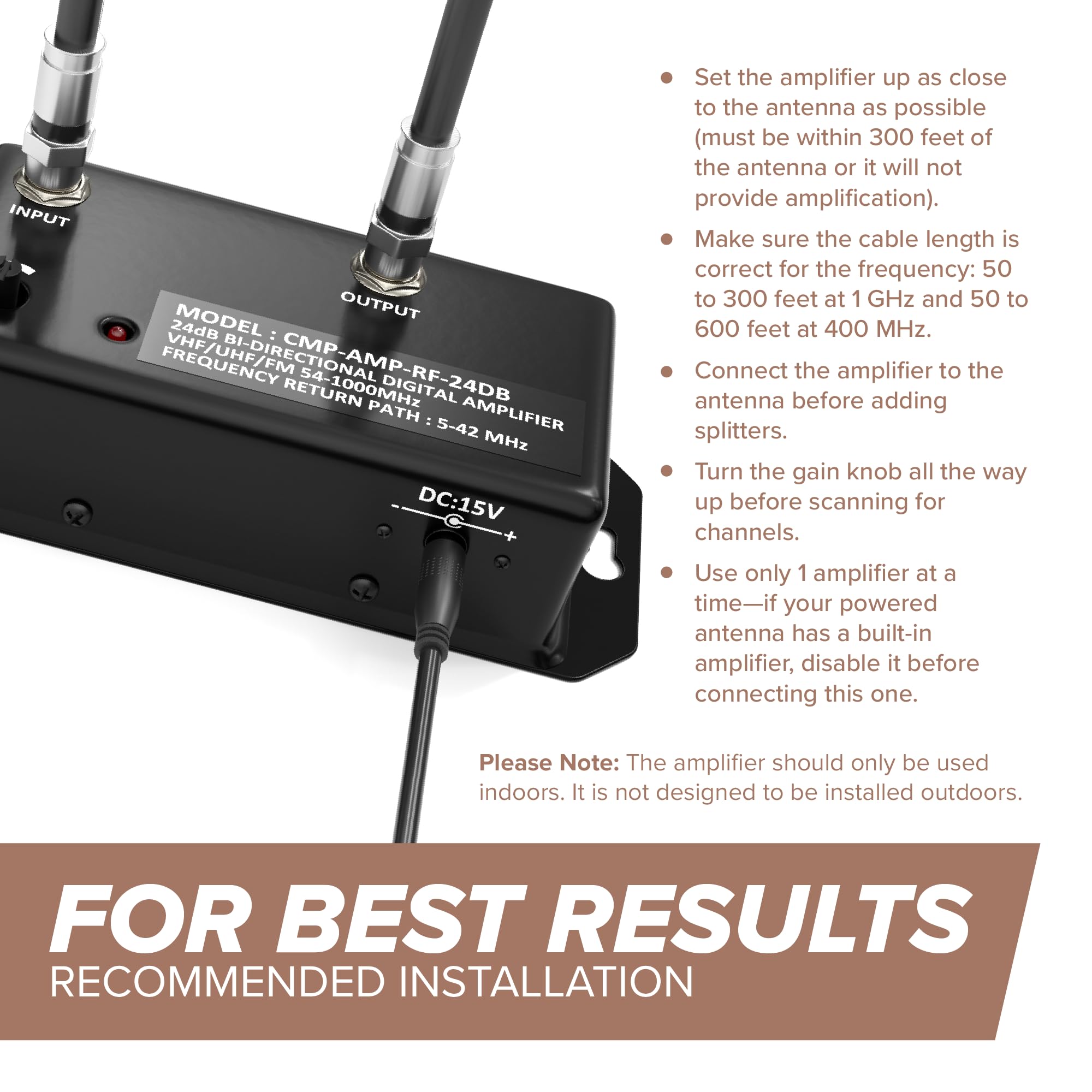 THE CIMPLE CO Antenna Amplifier Kit, Digital TV Signal Booster with Coax, Adjustable Gain, 24 dB Distribution, NTSC, ATSC, FM, UHF, VHF, 1000 MHz, Includes RG6 Coaxial Cable, Indoor Use Only