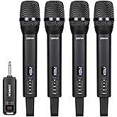 ZERFUN 4 Rechargeable Wireless Microphones, Pro Handheld Cordless Mics System with Echo Treble BASS VOL Control for Karaoke Singing Church Party, 1/4'' Output, Black