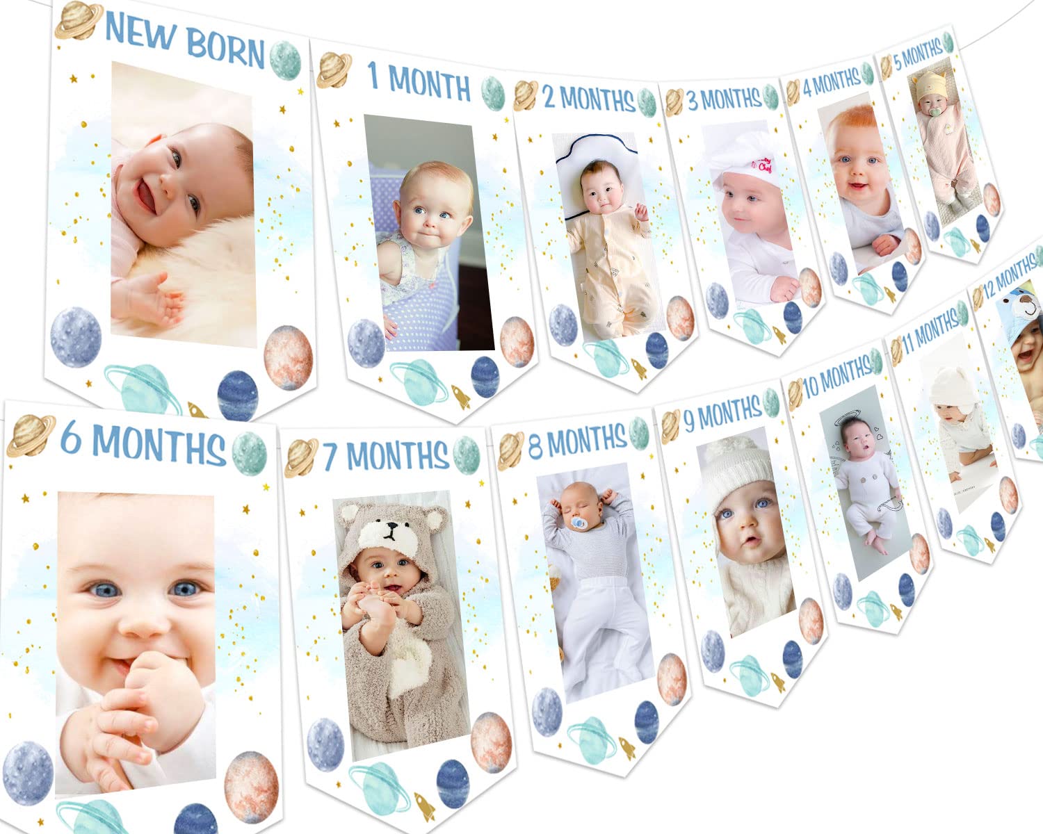 Fangleland Outer Space Theme 1st Birthday Photo Banner, First Trip Around The Sun First Birthday Decoration - Blue Baby Picture Banner for Newborn to 12 Months’ Boy