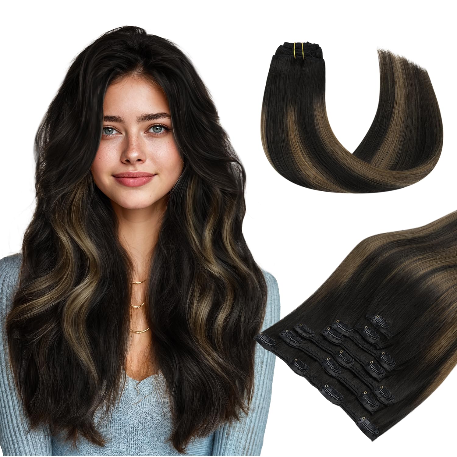 Clip in Hair Extensions, hotbanana Ombre Natural Black Mixed Chestnut Brown Clip in Hair Extensions Real Human Hair Straight Remy Hair 14 inch 120g 7pcs