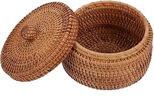 Abaodam Handwoven Rattan Storage Box Small Wicker Basket with Lid for Desktop Organization Fruit Snack Holder Home Decor 5.59X5.51X3.07 Inch