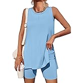 Esobo Women's Summer 2 Piece Outfits Sleeveless High Low Spilt Hem Tank Top Biker Shorts Sets Lounge Set Tracksuit
