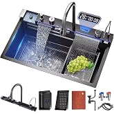 FIVIXIL Kitchen sink double waterfall sink with LED display with cup washer, soap dispenser, waterfall mixer, worktop controller, etc. workstation kitchen sink (Gun grey, 31.5 * 18.1 * 8.7 IN)